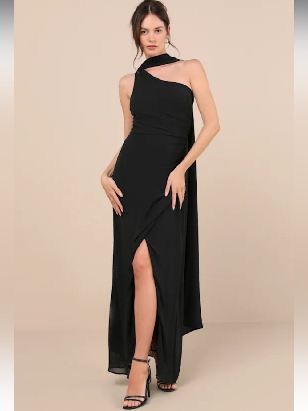 New Lulus Adeline Black One-Shoulder Evening Gown with Draped Sash Sz Medium - Picture 7 of 8